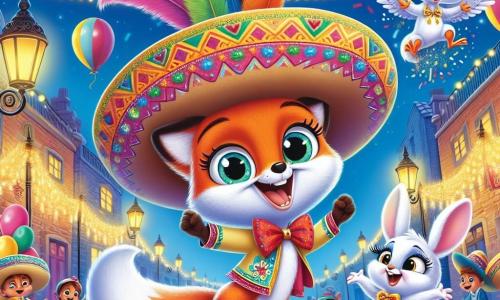El pequeño zorrito Tomás, un zorro de pelaje naranja brillante y ojos chispeantes de alegría, lleva un sombrero colorido adornado con plumas multicolores y una capa brillante. Baila con entusiasmo en medio del carnaval, con una gran sonrisa iluminando su rostro. A su lado, Pipo, un adorable conejo blanco con grandes orejas y un moño rojo, salta de felicidad, sus ojos brillando de emoción. Luli, una pajarita con plumas brillantes de azul y amarillo, vuela alegremente a su alrededor, cantando con un aire festivo. El decorado es mágico: calles empedradas adornadas con guirnaldas de luces brillantes, globos coloridos flotando en el cielo azul y puestos de golosinas de colores vivos. Los niños ríen y bailan alrededor, creando una atmósfera festiva. La escena principal muestra a Tomás, Pipo y Luli descubriendo un gran árbol decorado con luces y cintas doradas, donde han encontrado una caja llena de caramelos y juguetes, celebrando su amistad en el corazón del carnaval.