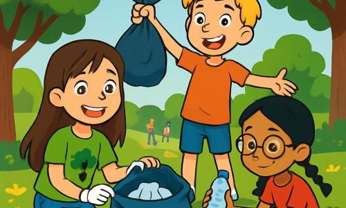 O fetiță de 10 ani, Ana, cu părul lung și brunet și ochii strălucitori de determinare, zâmbește fericită în timp ce adună deșeuri într-un parc verde. Ea poartă un tricou verde aprins cu un desen de copac și o pereche de pantaloni scurți din denim, fiind înconjurată de flori colorate. Lângă ea, Radu, un băiat de 10 ani cu părul blond și zâmbet jucăuș, ține o pungă de deșeuri și îi încurajează pe ceilalți copii să li se alăture. Maria, o fetiță de 9 ani cu împletituri negre și ochelari rotunzi, este așezată lângă o floare, examinând cu atenție o sticlă de plastic pe care se pregătește să o arunce în sacul de reciclare. Locul este un parc însorit, plin de copaci măreți, peluze verzi și flori strălucitoare, cu păsări cântând în crengi. În fundal, se văd familii care se plimbă și copii care se joacă. Situația principală arată cum Ana și prietenii ei curăță parcul, râzând și discutând fericiți, în timp ce fac un efort comun pentru a proteja natura și a sensibiliza pe ceilalți cu privire la importanța menținerii mediului curat.