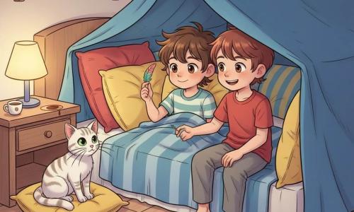 Ci sono tre personaggi: Leo, 7 anni, capelli castani spettinati, occhi nocciola, in pigiama a righe blu e bianco, sdraiato sotto la coperta con una piccola piuma colorata tra le dita al centro del letto; Marco, 8 anni, capelli corti castani, sorriso malizioso, in pantaloni da pigiama grigi e maglietta rossa, seduto sul bordo del letto con la mano sulla spalla di Leo che guarda la piuma; un gatto adulto tigrato bianco, occhi verdi e baffi lunghi, appoggiato su un cuscino vicino al forte di cuscini che osserva la scena. Ambientazione: una cameretta accogliente di notte con pavimento in legno chiaro, una mensola con libri colorati e una lampada da comodino che diffonde luce calda; il letto è trasformato in un forte con cuscini vivaci (rosso, giallo, blu) e una coperta blu a mo' di tenda, sul comodino una tazza immaginaria di cioccolata calda vuota lascia una traccia lucida. Situazione: notte dolce e giocosa: i due ragazzi costruiscono il forte per proteggere la piuma posata sotto la coperta al centro del letto, espressioni gioiose e complici, risate silenziose e postura protettiva; atmosfera calda, texture visibili e contrasti morbidi con luce della lampada e ombre tenui.