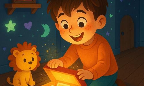 Un bambino di 8 anni, felice e meravigliato, volto rotondo con lentiggini, capelli castani spettinati e occhi grandi e luminosi, è inginocchiato davanti a una piccola scatola colorata appena aperta, con le mani ancora sul coperchio, sorriso radioso e guance arrossate; un peluche leone chiamato Leo, giallo con criniera arancione, è accanto a lui a guardare la scatola come se condividesse la sorpresa (il peluche non è umano); la nonna non è visibile ma c’è una sua foto incorniciata su una mensola, sorridente con capelli grigi ricci; il corridoio è stretto con pavimento in legno scuro e pareti dipinte con motivi fosforescenti — stelle, lune e cuori che brillano di blu e viola — e una piccola porta segreta dipinta semiaperta dietro il bambino; scena principale: una scatola-tesoro illumina il suo volto con una calda luce dorata rivelando foto di famiglia e una lettera, mentre le pitture murali luminose creano un’atmosfera magica e rassicurante; stile: illustrazione vettoriale pulita, colori vivaci e contrastati, ombre morbide e texture semplici adatte a un libro per bambini.