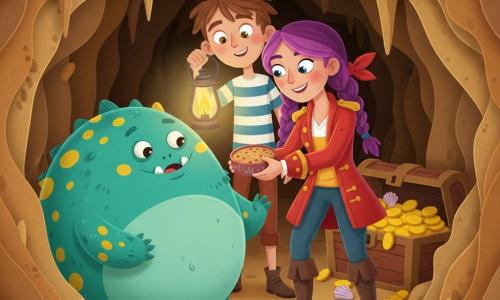 Kapitein Lila, een vrolijke moedige piratenvrouw van ongeveer 28 jaar met paarse gevlochten haren en een rode jas met gouden knopen, biedt vriendelijk een koekjestrommel aan een groot rond monster aan; Joris, ongeveer 10 jaar met warrig bruin haar en een blauw-wit gestreept shirt, staat nieuwsgierig vlak achter haar met een brandende lamp in zijn linkerhand; het monster heeft turquoise geschubde huid met gele vlekken, grote zachte ogen en een brede mond met afgeronde tanden, en snuffelt verrast en blij aan de koekjes; de scène speelt zich in een grot op een tropisch strand af met okerkleurige rotswanden, uitgesneden stalactieten, warme lampverlichting die zachte schaduwen werpt en op de achtergrond een halfbegraven kist met gouden munten en gekleurde schelpen; sfeer teder en vredig, vriendelijk kantoor, eenvoudige compositie, heldere contrasterende kleuren en zichtbare papierachtige texturen.