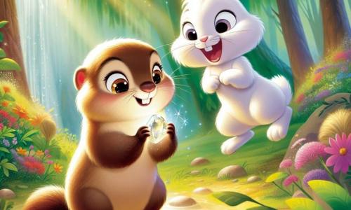 Una piccola marmotta di nome Mimmi, con un morbido pelo marrone e occhi scintillanti di curiosità, si trova al centro dell'immagine, meravigliata, mentre tiene una pietra brillante tra le zampe anteriori. Accanto a lei, un adorabile coniglietto bianco di nome Leo, con grandi orecchie e un sorriso gioioso, salta felice, con le zampe posteriori in aria, pronto a giocare. Lo sfondo è una foresta incantata, con alberi maestosi dalle foglie verdi brillanti, fiori colorati che danzano al vento e un dolce raggio di sole che filtra tra i rami, illuminando la scena con una luce dorata. Mimmi scopre la pietra magica che esaudisce i desideri, mentre Leo, il suo nuovo amico, la incoraggia con entusiasmo. Insieme condividono un momento di gioia e meraviglia, circondati dalla bellezza della natura.
