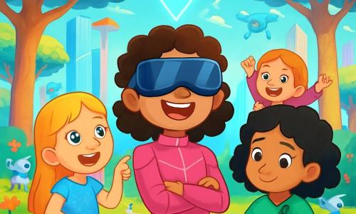 Hay 4 niños: - Diana: una niña de 8 años con cabello rizado y castaño, vestida con un traje futurista rosa y gafas de realidad aumentada. Está en el centro, con los brazos cruzados y una gran sonrisa en el rostro. - Martina: una niña de 8 años con cabello rubio y liso, vestida con un vestido azul brillante. Está a la izquierda de Diana, señalando un holograma que flota sobre ellas. - Lucía: una niña de 8 años con cabello negro y rizado, vestida con una camiseta verde y pantalones cortos. Está a la derecha de Diana, tomando notas en una tableta luminosa. - Zoe: una niña de 8 años con cabello pelirrojo y trenzas, vestida con una chaqueta violeta. Está detrás de Diana, saltando de emoción y mirando a su alrededor. El lugar es el parque central de Neónpolis, lleno de grandes árboles solares con hojas brillantes y flores multicolores que brillan bajo el sol. Drones flotan en el aire, y niños juegan en acrobacias futuristas, mientras que robots jardineros riegan las plantas. En el fondo, rascacielos transparentes y luminosos se alzan, reflejando los colores vibrantes del cielo. La situación principal muestra a las cuatro amigas descubriendo un holograma misterioso flotante frente a ellas, invitando a los niños a participar en un desafío de exploración. Todas están maravilladas, listas para sumergirse en la aventura de la ciudad futurista.