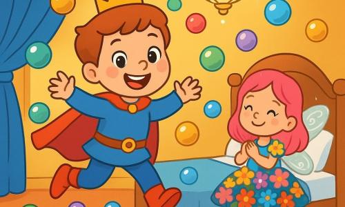 Un principe gioioso, con un piccolo naso a forma di patata e scarpe rosse che fanno “ciap ciap”, salta in una camera magica piena di bolle colorate che fluttuano attorno a lui. I suoi occhi brillano di eccitazione e il suo sorriso è ampio come un arcobaleno. Accanto a lui, una fatina scintillante, con ali di zucchero filato luccicante, sorride guardandolo. Ha i capelli rosa e indossa un vestito fatto di fiori multicolori, pronta ad aiutarlo. La camera è spaziosa, con muri dorati e tende di velluto blu. Giocattoli di legno sono sparsi sul pavimento e un grande lampadario di cristallo brilla sul soffitto, proiettando riflessi di luce. In questa scena, il principe si diverte a saltare tra le bolle che scoppiano ridendo, mentre la fatina, divertita, prepara una nuova magia per far apparire ancora più bolle.