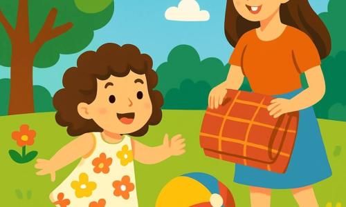 Una niña de 4 años, con cabello rizado y ojos brillantes, sonríe alegremente mientras juega con una gran pelota colorida en un parque soleado. Lleva un vestido ligero de flores y sandalias. A su lado, su mamá, una mujer de unos 30 años con cabello largo y liso, sonríe sosteniendo una manta de picnic. Están rodeadas de vegetación, con árboles majestuosos y flores de colores vivos. El cielo es azul con algunas nubes blancas. La niña ríe mientras corre tras la pelota, mientras su mamá la anima con una mirada cariñosa. Es un momento de felicidad y complicidad, lleno de alegría y risas.