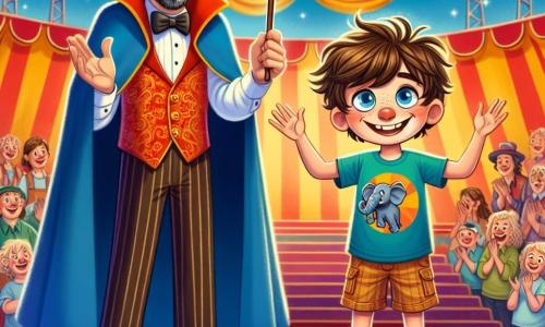 Un ragazzo di 12 anni, Marco, con capelli castani disordinati e occhi pieni di curiosità, è su un palco di circo, sorridente e con una bacchetta magica di legno in mano. Indossa una maglietta colorata e pantaloni corti, apparendo sia eccitato che un po' nervoso. Accanto a lui c'è il Grande Zandor, un uomo magro di circa 40 anni, con un cilindro nero e un lungo mantello blu, che sorride benevolmente mentre alza le braccia per far apparire un elefante. Ha una barba ben curata e occhi maliziosi, osservando Marco con orgoglio. Il contesto è un circo vibrante, con tende a righe rosse e gialle, luci scintillanti e spettatori entusiasti che applaudono. In secondo piano, palloni colorati fluttuano nell'aria e artisti si preparano per lo spettacolo. La scena principale mostra Marco pronto ad aiutare Zandor a far scomparire un elefante, circondato da risate e applausi, mentre un clown divertito osserva con un sorriso complice.