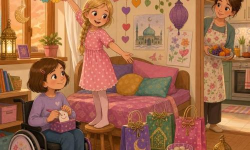 Są trzy postacie: Amelka, około 8 lat, blond w warkoczu, w różowej sukience w kropki, stoi na taborecie przy oknie i wiesza kolorową papierową girlandę, uśmiecha się i wyciąga rękę do Zuzi; Zuzia, około 8 lat, krótkie brązowe włosy, na wózku inwalidzkim po lewej stronie Amelki, trzyma małe pudełko z prezentami i rysuje uśmiech na etykiecie; mama, około 35 lat, jasna karnacja, w fartuszku w kwiaty, stoi w otwartej kuchni z talerzem owoców i patrzy na dziewczynki z czułością. Miejsce: przytulny, kolorowy pokój połączony z kuchnią, kremowe ściany z girlandami i rysunkami dzieci, drewniane okno wpuszcza miękkie pomarańczowe wieczorne światło, półki z książkami, jasna podłoga, mały stół ze słodyczami. Sytuacja: dziewczynki dekorują pokój na Ramadan — zawieszona nad łóżkiem girlanda papierowych serc i kwiatów, błyszczące torebki z prezentami na stole, panuje ciepła, radosna atmosfera przygotowań do wieczornego posiłku.