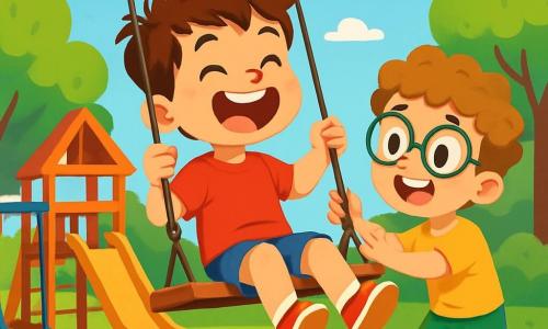A 6-year-old boy named Oliver, with messy brown hair and sparkling eyes, is sitting on a swing, laughing joyfully. He is wearing a bright red t-shirt and blue shorts, his feet kicking the air enthusiastically. Next to him, his friend Max, also 6, with curly hair and large round glasses, is pushing Oliver with a big smile, showing his happiness to be together. The setting is a colorful playground filled with wooden play structures, slides, and swings, under a bright blue sky dotted with fluffy white clouds. Lush green trees surround the playground, providing shade and a cheerful atmosphere. The main scene shows Oliver and Max sharing a moment of pure joy, laughing and playing together on the swing, illustrating the beauty of their friendship.