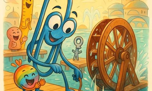 Pippa, een grote blauwe metalen paperclip met ronde ogen en een glimlach, buigt zich geconcentreerd voorover om een dun touwtje uit een groot waterwiel te trekken; Knut, een regenboogkleurige ronde knoop met kleine armpjes en een guitig gezicht, juicht naast haar op het platform. Een groepje levendige voorwerpen—een lachende gele liniaal, een roze kurkenkop die klapt en een trotse zilveren sleutel—staat op de achtergrond te kijken. Decor: een drijvende stad op een blauwgroene zee met glazen straten, ronde gebouwen, boogachtige loopbruggen, fonteinen en kleurrijke ballonnen. Hoofdscène: reparatie van het waterwiel bij zonsondergang, gouden schittering op de druppels, het wiel komt weer tot leven, warme samenwerkende sfeer, heldere jeugdige kleuren en zachte contouren.
