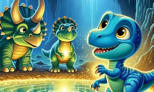 Um velociraptor chamado Rafi, com escamas de um azul brilhante e olhos cheios de curiosidade, está à beira de um lago mágico, com as patas dianteiras ligeiramente levantadas, expressando deslumbramento em seu rosto. Ao seu lado, Tila, um tricerátopo com três majestosas chifres e pele verde, observa o lago com fascinação, enquanto Grom, um anquilossauro robusto com uma carapaça espessa e uma cauda massiva, permanece ao fundo, pronto para proteger seus amigos. O cenário é uma caverna misteriosa, com paredes cintilantes, onde a água do lago brilha com uma luz dourada, iluminando os rostos dos dinossauros. A cena principal mostra Rafi e seus amigos descobrindo o lago mágico, um momento de alegria e deslumbramento, enquanto percebem que algo especial os aguarda.