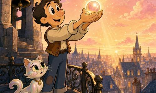 Orin, a gentle-faced man with wide bright eyes and a serene, amazed expression, stands at the parapet of a gray stone bell tower holding a glowing golden-pink pearl in both hands raised slightly toward the sky; at his feet sits Whisper, a pearly iridescent female cat with large green lantern eyes and a curled tail, watching the pearl with curiosity. The worn wide steps and wrought-iron balustrade overlook a town of silver slate roofs, thin chimneys and lit windows as dawn paints the sky pink-orange with fluffy clouds and broad golden rays. The pearl emits a soft halo and falling sparkling particles over a peaceful, hopeful, magical scene. Palette: warm pastel tones (pinks, golds, creams) with night-blue and stone-gray accents, clean lines, slightly curved black outlines, simple contrasted shadows.