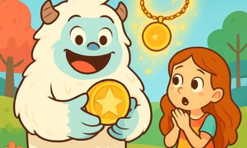 A cheerful and friendly yeti with fluffy white fur, sparkling curious eyes, and a big smile stands at the center of the scene. He holds a shiny piece of the artifact in his large hands, his face beaming with excitement. Beside him is a young girl named Lyra, around 10 years old, with long wavy hair and a colorful dress, watching the sparkling piece in awe. She stands slightly back, wide-eyed, ready to assist her friend. A magical necklace, Glimmer, floats around them, emitting a soft golden glow. The setting is a magical plain dotted with green hills and vibrant flowers. Candy-like trees rise in the background, and a clear blue sky illuminates the scene. The main situation shows Yuki and Lyra discovering a piece of the ancient artifact together, surrounded by a joyful and enchanted atmosphere as the magic of the plain envelops them.