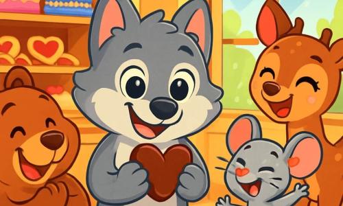 A little wolf named Leo, with soft gray fur and large sparkling eyes full of curiosity, holds a chocolate heart in his front paws, displaying a wide joyful smile. Next to him, Benny, a round-faced friendly brown bear, licks his lips excitedly, while Mia, a small mouse with large pink ears, jumps for joy, her eyes shining with enthusiasm. Daisy, a beautiful doe with gentle eyes and white spots on her fur, claps cheerfully, her smile radiating happiness. The scene takes place in Heartville's bakery, filled with delicious pastries, colorful cakes, heart-shaped cookies, and pink and red paper garlands hanging from the ceiling. Sunlight filters through the windows, illuminating the festive atmosphere. Leo and his friends are enjoying treats while discovering a mysterious Valentine's message, surrounded by sweets and laughter, their friendship glowing in the air filled with the sweet scent of cakes.