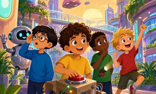 Four children: Leo, 10, curly brown hair, sparkling eyes, yellow T‑shirt, center with his hand on a large red button of a homemade cardboard-and-metal machine; Max, 9, straight hair, round glasses, blue hoodie, looking amazed toward a futuristic city to Leo's left; Sam, 10, short brown hair, thoughtful expression, green shirt, holding a small flashlight just behind Leo, tilting his head; Jake, 9, tousled blond hair, red T‑shirt, jumping for joy to Leo's right while looking at flying cars. They stand on a colorful sunset street in a pastel, glass-clad futuristic city with rooftop gardens, transparent walkways, rounded light panels and floating silent cars; behind them a friendly round silver robot greets them. The homemade machine with wires and garlands sits on the sidewalk in the foreground; the mood is wonder and discovery with soft lights, strong contrasts, simple shapes and bright colors.