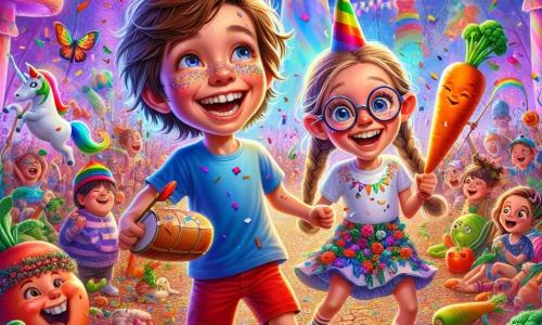 An 11-year-old boy, Oliver, with messy brown hair and sparkling curious eyes, stands at the center of a colorful scene, laughing heartily as he is covered in confetti and vegetable pieces. He wears a blue t-shirt and red shorts, holding a large unicorn-shaped balloon. Next to him, Mia, a 10-year-old girl with braided blonde hair and round glasses, bursts into laughter while holding a small carrot-shaped drum. She is dressed in a flower-patterned dress and stands slightly back, surrounded by floating balloons. The setting is Wacky Wonderland, a magical place filled with brightly colored giant mushrooms, rainbow brick paths, and extravagant characters like dancing vegetables and joyful clowns. Twinkling lights hang above them, creating a festive atmosphere. The main scene shows Oliver and Mia joyfully dancing with vegetables, while a mischievous tomato flies through the air, causing a burst of laughter. The atmosphere is filled with joy and magic, capturing the spirit of a fun and playful adventure.