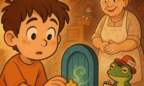 Um menino de 8 anos, Tomé, rosto redondo, cabelos castanhos despenteados, olhos grandes e curiosos, expressão maravilhada e um pouco tímida, segura um pequeno pomo em forma de estrela e apoia a mão numa minúscula porta de madeira azul; uma avó de cerca de 70 anos, pele enrugada e suave, cabelo grisalho preso em coque, vestido florido com manchas de farinha, sorri ternamente ao fundo do sótão com as mãos ainda poeirentas de farinha; um pequeno sapo repórter não humano, de chapéu vermelho de jornalista e caderno na mão, sentado numa caixa de madeira perto da porta com olhar malicioso como se tomasse notas; a cena passa num sótão banhado por luz empoeirada com vigas de madeira, caixas empilhadas, velhas bonecas e um raio de luz que faz dançar partículas de pó; a porta azul está no meio do chão empoeirado, verniz lascado, pequena fechadura de latão em forma de estrela de onde emana um brilho verde suave e volutas de névoa com cheiro de chuva; ambiente de cores quentes e aveludadas, traços arredondados, texturas de madeira e tecido visíveis, contraste entre o ordinário do sótão e a magia da porta; composição: Tomé em primeiro plano à esquerda, a porta ao centro, a avó ao fundo à direita e o sapo repórter perto da porta para adicionar humor e curiosidade.