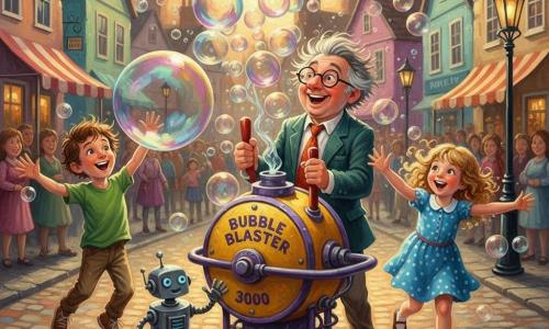 An inventor (Mr. Bogglewump), about fifty, round face, messy gray hair and thick glasses, joyful and amazed, holds a large red lever as a cascade of colorful bubbles pours out; to his right Lily, ~8, curly blonde hair in a blue polka-dot dress, runs smiling with arms out to catch bubbles; to his left Max, ~8, messy brown hair in a green T-shirt, jumps to swat a giant bubble; near the inventor’s feet a small shiny silver robot (Tink) with blue lamp eyes reaches a mechanical hand toward the bubbles. The scene is a cobbled village square with pastel houses, stalls and an amber late-afternoon sky, wet ground reflecting multicolored bubbles. Central is the Bubble Blaster 3000, a round yellow-and-purple metal machine with pipes, dials and a large mouth spewing a continuous stream of iridescent bubbles. Style: acrylic painting, textured brushstrokes, vivid contrasting colors, joyful magical atmosphere and dynamic composition with floating bubbles and glints of light.