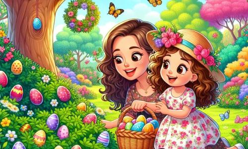 Una niña de 8 años, Clara, con cabello castaño y rizado, sonríe mientras busca huevos de Pascua en un jardín colorido. Lleva un vestido ligero con flores y un sombrero de paja, agachada, examinando un arbusto. A su lado, su mamá, una mujer de unos 30 años con cabello castaño recogido en un moño, sonríe sosteniendo una cesta llena de huevos decorados, observando a su hija con orgullo, rodeada de decoraciones de Pascua. El jardín está lleno de flores brillantes, mariposas y arbustos verdes, con un gran árbol en el centro y una pequeña mesa de picnic decorada con guirnaldas coloridas. Clara, emocionada, descubre un huevo dorado brillante escondido detrás de un arbusto, simbolizando la magia de Pascua.