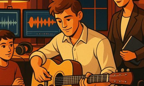 Un bărbat muzician, zâmbitor și concentrat, ajustează o cheie de acordaj pe o chitară din lemn deschis; o femeie adultă (Ana), în jur de 30 de ani, coordonatoare, stă în dreapta cu un carnet în mână și privire încurajatoare; un adolescent (Darius), în jur de 16 ani, stă la stânga pe un scaun, cu brațele încrucișate și privire curioasă și admirativă către instrument printr-un monitor; locul este un studio MAO cu mese din lemn deschis, ecrane mari cu forme de undă colorate, căști mari, cabluri negre în bucle ordonate, microfoane pe stative, lumină caldă de la lămpi art déco și o mare fereastră spre noapte; scena principală îl arată pe muzician reglând chitara în fața unui microfon, pregătit să cânte; atmosfera este studiată, caldă, cu texturi de lemn și metal, compoziții geometrice și stil grafic art déco cu linii clare și culori calde și contrastante.