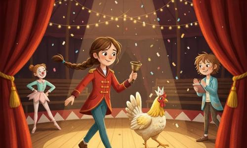 Er zijn vier personages: Noor, 11 jaar, met bruine haarvlecht en een rode circusthuis met gouden knopen, loopt iets links van het midden van de piste en houdt in haar rechterhand een kleine koperen bel terwijl ze geconcentreerd glimlacht; Koningin Kakel, een geel-witte kip met een klein gekreukt papieren kroontje, loopt trots en nieuwsgierig net achter Noor en kijkt naar de bel; Bibi, 11 jaar, met kort rommelig haar en een lichtblauw jasje met suikerplekjes, staat rechts aan de rand van de piste en klapt geruststellend; Lotte, 11 jaar, met lange dansende houding, pastelkleurige kleding en een rood geschilderde clownneus, wacht links bij het gordijn om de kip van het podium te leiden. Locatie: een grote circustent met glanzende houten vloer en een centraal verlicht cirkel, zware rode gordijnen met gouden franjes, vervaagde houten banken op de achtergrond en lichtslingers met confettistof in de lucht. Situatie: een rustige, grappige reddingsscène waarin Noor een zijstap zet en met de bel de koninklijke kip afleidt en van het podium begeleidt; warme centraal verlichting en zachte schaduwen geven beweging aan de vleugels en de bewegende vlecht.