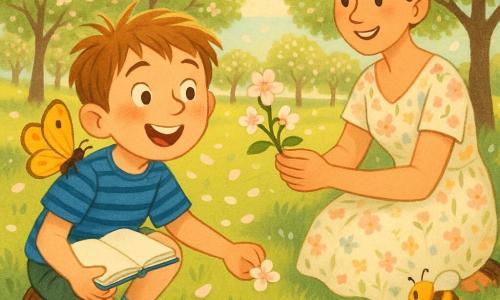 An 8-year-old boy, joyful with rosy cheeks and tousled brown hair, crouches collecting petals and holding an open sketchbook while a smiling woman (his mother, about 30–35) with brown hair in a bun in a floral dress sits under a pear tree beside him offering a small branch; a yellow-orange butterfly rests on the boy’s shoulder and a fuzzy bee pollinates a nearby flower in an orchard of blooming apple trees with pale pink and white blossoms, green grass dotted with daisies and drifting petals, lit by soft spring sunlight with long golden shadows and a clear blue sky, close, slightly elevated view showing the boy, the mother to the right and foreground leaves and petals, vivid palette, smooth lines, simple shapes, warm joyful mood.