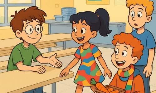 Ten-year-old Jamie, shy but brave with messy brown hair, thin glasses, a green T-shirt and green sneakers, sits at the edge of a plastic cafeteria table reaching out to invite a friend; ten-year-old Maya, black hair in a ponytail and a colorful dress with bright, mischievous eyes, enthusiastically walks to the table to Jamie’s right; ten-year-old Sam, curly red hair and a colorful scarf, sits opposite holding a box of carrots and offers one with a smile; ten-year-old Leo in a blue T-shirt stands by the table looking surprised then embarrassed; the bright school cafeteria with large sunlit windows, long beige plastic tables, colorful posters and stacked trays conveys a warm, inclusive, joyful 1990s cartoon-style scene with vivid colors and soft outlines.