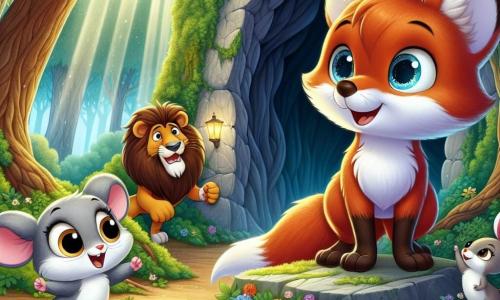 Ein kleiner Fuchs namens Felix, mit leuchtend orangefarbenem Fell und neugierigen, funkelnden Augen, steht mutig vor dem Eingang einer großen, geheimnisvollen Höhle, ein begeistertes Lächeln auf seinem Gesicht. Neben ihm schaut Mia die Maus, klein und grau mit großen runden Augen, mit einer Mischung aus Aufregung und Besorgnis auf die Höhle, während sie auf einem Stein steht, bereit, ihrem Freund zu folgen. Leo der Löwe, majestätisch mit seiner goldenen Mähne und einem beschützenden Blick, steht etwas im Hintergrund und zeigt einen entschlossenen Ausdruck, bereit, seine Freunde zu unterstützen. Lila der Hase, mit ihrem weißen Fell und den großen aufrechten Ohren, hüpft fröhlich neben Felix, ihr Gesicht strahlt vor Glück. 

Die Szene spielt in einem verzauberten Wald, wo große Bäume mit dicken Stämmen und leuchtend grünen Blättern den Eingang der Höhle umgeben, die von Sonnenstrahlen erleuchtet wird, die durch das Laub filtern. Bunte Blumen streuen den Boden und verleihen der Umgebung einen Hauch von Magie. 

Felix und seine Freunde bereiten sich darauf vor, in die geheimnisvolle Höhle einzutreten, voller Aufregung und Vorfreude, bereit, die versteckten Geheimnisse darin zu entdecken.
