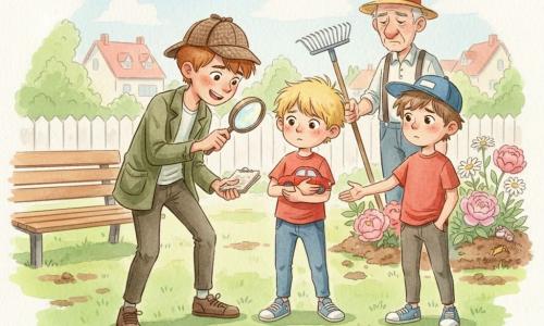 Tim, ongeveer 9 jaar, kastanjebruin kort haar, draagt een vintage detectivepet, kaki jas en houdt een notitieboekje en een vergrootglas vast terwijl hij geconcentreerd en glimlachend naar een speelgoedautootje kijkt; Max, ongeveer 8 jaar, warrig blond haar, rood T-shirt, houdt het rode autootje opgelucht tegen zich aan met glanzende ogen; Tom, ongeveer 9 jaar, bruin haar en honkbalpet, kijkt verlegen maar geruststellend en steekt een hand uit naar Max om zich te verontschuldigen; de heer Groot, circa 60, gerimpeld gezicht, bretels en hoed, staat aan de rand met een hark, minder boos en kijkend naar een platgelopen bloemperk; scène in een zonnig buurtpark met een groene, modderige grasmat, houten bankje, kleurrijk bloemperk, witte houten schutting en huizen met rode daken in de verte; hoofdmoment: de vondst van het autootje, warm, zacht van sfeer in pastelkleuren en vage aquarelstreken.