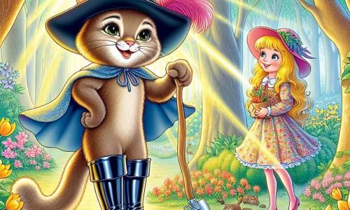 Al centro dell'immagine, il Gatto con gli Stivali, un gatto elegante con una pelliccia morbida e setosa, indossa stivali neri lucidi e un cappello con piume colorate. La sua espressione è gioiosa e determinata, con occhi scintillanti di malizia, mentre tiene una piccola pala di legno, pronto a piantare semi di gentilezza. Accanto a lui, Clara, una ragazza di circa 10 anni, ha lunghi capelli biondi e un sorriso radioso. Indossa un vestito colorato decorato con fiori e guarda il Gatto con gli Stivali con ammirazione, tenendo una piccola borsa piena di semi luminosi. Sullo sfondo, si estende una foresta incantata, con alberi maestosi dalle foglie dorate e fiori cantanti che danzano al vento. Un raggio di sole filtra tra i rami, illuminando la scena con una luce dolce e calda. La scena principale mostra il Gatto con gli Stivali e Clara intenti a piantare semi nella terra fertile, circondati da animali curiosi che li osservano con occhi meravigliati. Sono in piena azione, pronti a diffondere gentilezza e gioia nel loro mondo magico.