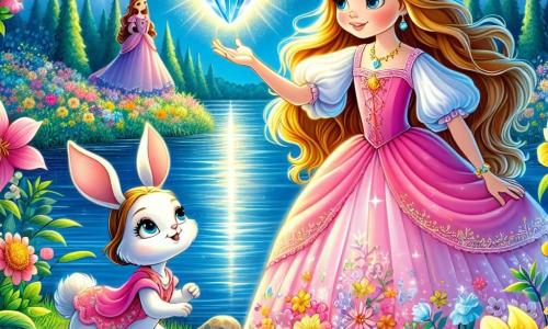 La princesa Sofía, una niña de unos 10 años, tiene largos cabellos dorados que brillan al sol y lleva un vestido rosa adornado con flores de colores. Muestra una gran sonrisa de determinación mientras extiende la mano hacia un cristal brillante, el corazón de la luna, que emite una suave luz plateada. A su lado está Pipo, un pequeño conejo de grandes orejas y pelaje blanco, que mira con ojos desmesurados, lleno de esperanza y admiración. Se sitúa justo debajo de la princesa, listo para animarla en su búsqueda. La escena transcurre al borde de un lago mágico, rodeado de flores brillantes y grandes árboles con hojas centelleantes. El agua del lago es de un azul profundo, reflejando el cielo soleado y las nubes esponjosas. La situación principal muestra a Sofía y Pipo, unidos en su aventura, mientras se preparan para enfrentar la oscura silueta que guarda el corazón de la luna, simbolizando su valentía y amistad ante la adversidad.