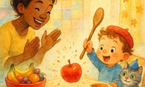 Bambino di 2 anni dal viso rotondo e guance rosate, capelli castani ricci sotto un piccolo cappello rosso, occhi brillanti, tiene un grande cucchiaio di legno come bacchetta e lo agita con gioia; la mamma di circa 30 anni dal volto dolce, capelli raccolti in uno chignon morbido, sorride e si china a sinistra applaudendo teneramente; il gatto tigrato grigio Mimì con grandi occhi verdi e un piccolo cappello blu di traverso è seduto su una sedia a destra con aria maliziosa; cucina soleggiata dai toni caldi con tavolo in legno chiaro, ciotola di frutta rossa, tazza in ceramica, piastrelle pastello e tenda a stelle, qualche briciola e una piccola macchia di succo; il bambino agita la sua cucchiaio magico e fa apparire una mela rossa lucida sul tavolo, atmosfera giocosa, movimento lieve e espressioni di riso.