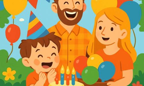 A 2-year-old boy named Max, with messy brown hair and sparkling eyes, wears a colorful birthday hat. He beams with rosy cheeks, clapping his hands excitedly in front of a large birthday cake decorated with colorful candles. Next to him, his mother, a woman in her thirties with long blonde hair, smiles tenderly while holding a tray filled with colorful balloons. His father, a man in his thirties with a brown beard and a checkered shirt, stands behind them, laughing joyfully. The scene takes place in a sunny garden filled with vibrant flowers and twinkling light garlands. Balloons float in the air, creating a festive and joyful atmosphere. Max, surrounded by his parents, is ready to blow out his candles, his eyes shining with happiness and anticipation.