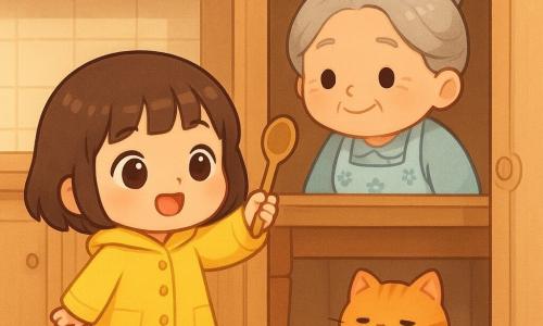 A 4-year-old girl with short brown hair and bangs, wearing a bright yellow raincoat and red boots, has a curious, triumphant look as she holds a small wooden spoon aloft in her right hand; a grandmother of about 70 with gray hair in a soft bun and a light-blue floral apron smiles tenderly from the pantry doorway; a chubby orange cat named Mr. Whiskers sits under the table with half-closed eyes and a dab of soup on his whiskers watching; the warm, bright kitchen has light wood countertops, beige tiles, shelves of glass jars and an open pantry with stacked bowls and a large white mixing bowl—the girl has just discovered the wooden spoon in that bowl, soft rays of light and cookie crumbs on the floor lead to the pantry, creating a cozy, joyful scene.