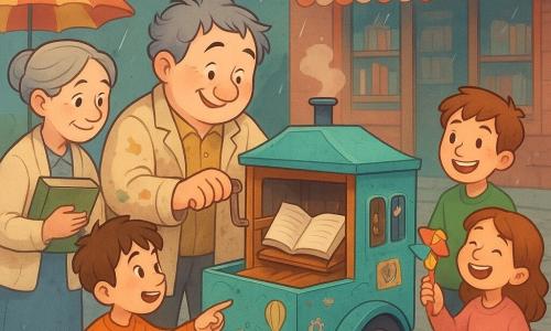 A smiling, focused small round inventor with messy gray hair and a paint-and-tea-stained canvas jacket gently turns a small wooden crank as he adjusts a fabric-lined wooden gondola; Mrs. Coble, an elderly librarian with gray hair in a bun and a cream cardigan, holds a damp book to her chest gratefully at the left of the three-wheeled turquoise, crackled delivery truck covered in stickers with an open workshop window, hanging tools and jars labeled "ideas" on a wooden shelf; Milo, an unruly brown-haired boy of about eight, points at a small crack while holding an orange leaf toy, standing slightly in front of the truck; two other children (around 6–9) laugh at the right, holding a colorful toy blower ready to help. They stand on an old gray stone-paved village square with reflective puddles, colorful parasols and a red-brick bookshop in the background as a fine sparkling rain falls. The main scene shows the book-drying machine running gently—pages splaying, warm air drifting from a small hood—and the group watches with excited, kind anticipation.