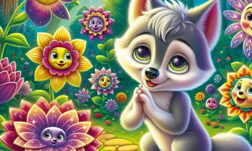 Um pequeno lobo chamado Lupi, com um pelo cinza macio e olhos brilhantes como estrelas, está no centro de um jardim mágico, seu rosto iluminado pela curiosidade. Ele observa ao seu redor, com as orelhas em pé, pronto para descobrir os segredos das flores falantes. À sua esquerda, uma flor roseta com pétalas roxas cintilantes parece fazer uma pergunta, enquanto à direita, uma flor amarela, com um sorriso acolhedor, o incentiva a explorar. O jardim é um lugar encantador, cheio de cores vivas e luzes cintilantes, onde flores de formas estranhas e rostos sorridentes balançam suavemente. Borboletas coloridas voam ao redor, acrescentando um toque de magia à atmosfera. A cena principal mostra Lupi, maravilhado, cercado por flores que fazem perguntas, enquanto ele reflete, pronto para ouvir seu coração e descobrir as respostas que busca.