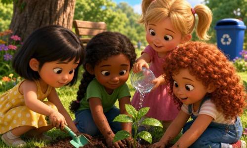 Quatro meninas de 4 anos plantam uma muda num parque ensolarado: Lú, cabelos curtos e negros, vestido amarelo com bolinhas, cava com uma pá; Ana, cabelo castanho em trança, camiseta verde, coloca a planta no buraco; Bia, cabelos ruivos e encaracolados, jardineira azul, mexe a terra com as mãos; Sol, cabelos loiros em maria‑chiquinha, vestido rosa, rega com um copo; mãos com terra, gotas na planta, árvores, banco de madeira, lixeira azul com símbolo de reciclagem, flores dispersas e luz solar quente com sombras suaves.