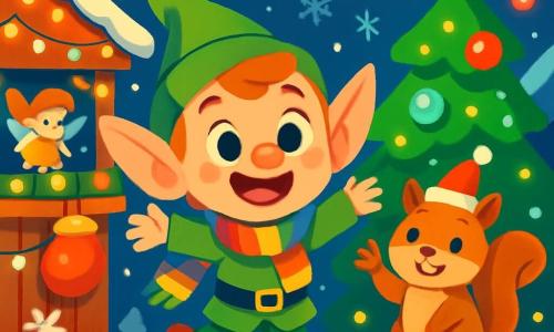Um pequeno duende chamado Pompom, com grandes orelhas pontudas e um sorriso radiante, usa um cachecol em arco-íris e salta de alegria no meio de um mercado de Natal animado. Ele tem olhos brilhantes de curiosidade e bochechas rosadas, cercado por luzes cintilantes e decorações coloridas. Ao seu lado, um esquilo chamado Faísca, com um pequeno chapéu de Natal vermelho, sorri acenando uma pata, mostrando seu entusiasmo. Ele está empoleirado em uma prateleira de madeira, cercado por guirlandas luminosas. O mercado de Natal está cheio de barracas de madeira decoradas com flocos de neve, árvores de Natal adornadas com bolas brilhantes e flocos de neve caindo suavemente do céu. Criaturas alegres, como fadas e ursos com cachecóis, se movem ao redor deles, adicionando à atmosfera festiva. Pompom e Faísca estão no centro da cena, maravilhados com a magia do mercado, enquanto luzes coloridas dançam ao seu redor, criando uma atmosfera acolhedora e alegre.