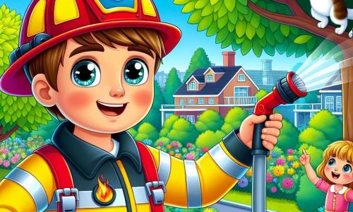 Een brandweerman, Sam, met een grote en glanzende rode helm en een felgele uniform, glimlacht vrolijk terwijl hij een tuinslang vasthoudt. Hij heeft bruin haar en sprankelende ogen van blijdschap, en staat op een ladder, klaar om te helpen. Onder hem kijkt een jongetje van ongeveer 6 jaar met blond haar en blauwe ogen vol bewondering, terwijl hij een klein brandweervoertuig speelt. Naast hem wijst een 5-jarig meisje met kastanjebruin haar en een roze jurk naar een kat die in een boom vastzit, met grote ogen van opwinding. De scène speelt zich af in een zonnig park met weelderige groene bomen en een heldere blauwe lucht. In de verte staat een groot huis met een schoorsteen en kleurrijke bloemen sieren het pad. Sam de brandweerman bereidt zijn slang voor om het vuur in een klein struikje te blussen, terwijl de kinderen hem aanmoedigen en vol verwondering toekijken, benieuwd hoe hij de kat uit de boom zal redden.