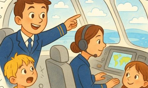 Piloot Sam, glimlachend met korte bruine haren en blauwe pilotenjas, wijst vanuit de cockpit naar buiten; copilote Lisa, circa 28, haar opgestoken met headset, zit rechts en bekijkt een navigatiescherm; jongen van ongeveer 6 drukt zijn neus tegen het raam, blonde warrige haren en open mond van verwondering, zit net achter de cockpit links; Noor, zijn zusje van circa 5 in een gele jurk, houdt een opgevouwen wereldkaart vast en lacht naar Sam; heldere, nette cabine met ronde ramen, felblauwe lucht, witte pluizige wolken en een glinsterend meer beneden; Sam toont het landschap aan de kinderen tijdens de vlucht, warme nieuwsgierige sfeer, levendige kleuren, gouden licht en kleine doodles van wolken, vliegtuigen en sterren rond de personages.