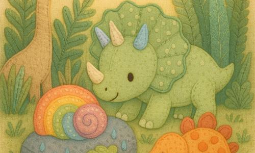 Mały triceratops Tori, ciekawy i zachwycony, pochylony nad kamieniem z długimi uszami i szeroko otwartymi oczami, zielony w delikatnym odcieniu z trzema rogami w kolorach mlecznobiałym, blado‑niebieskim i różowym, z szeroką, w kropki zszywaną kołnierzem; dotyka delikatnie lekko błyszczącej, wibrującej tęczowej muszli leżącej na porośniętym mchem kamieniu; za paprociami po lewej stoi przyjazny, beżowy brachiozaur z długą szyją, a po prawej kilka kroków dalej obwąchuje powietrze okrągły, pomarańczowy stegozaur w patchworku; poranek w polanie między wysokimi paprociami, wilgotna trawa, krople deszczu i miękkie złote światło — magiczne, spokojne odkrycie w pastelowych kolorach i widocznych fakturach szytego materiału.