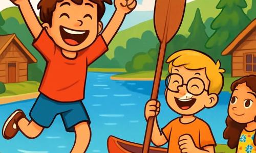 A 10-year-old boy, Toby, with messy brown hair and sparkling joyful eyes, is jumping for joy by a shimmering lake, a big smile on his face. He wears a bright red t-shirt and blue shorts, arms raised to the sky, expressing immense excitement. Next to him is a boy named Ben, also 10, with blonde hair and glasses, laughing while holding a paddle, ready to canoe. A little further away, a 9-year-old girl named Lily, with long curly hair, wearing a floral dress, watches the lake with wonder, her eyes shining with curiosity. The scene takes place at a vibrant summer camp, surrounded by majestic green trees and rolling hills, with rustic wooden cabins and colorful banners fluttering in the wind. The main focus shows Toby and his friends ready to embark on a canoe adventure, filled with enthusiasm and camaraderie, under a bright blue sky dotted with fluffy white clouds.