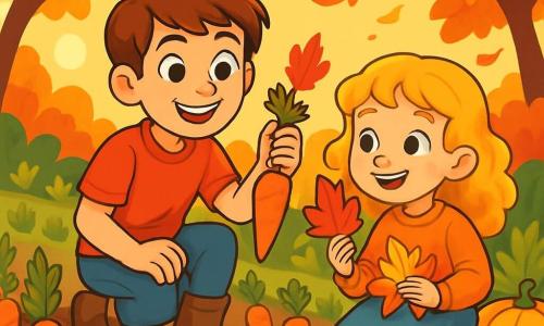 A 12-year-old boy, Toby, with brown hair and sparkling curious eyes, is crouched in a sunny garden, holding a freshly harvested carrot, a broad smile on his face. Next to him, his 8-year-old sister Emma, with golden curls and rosy cheeks, is picking colorful leaves, her gaze fixed in wonder on the bright autumn hues. The garden is filled with vibrant vegetables, featuring rows of orange carrots, yellow squashes, and tree leaves in shades of red and gold, basking in the golden light of October sun. The main scene shows Toby and Emma enjoying their harvest in the garden, surrounded by the beauty of autumn colors, sharing a moment of joy and exploration, ready to create memories together.