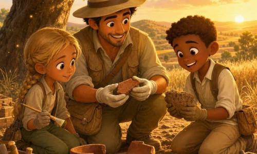 A smiling, awed archaeologist in a beige felt hat, rolled-khaki shirt, pocketed vest and dusty canvas satchel kneels, gently holding a small reddish-brown pottery shard with gloved hands; to his left a curious 7-year-old blonde girl in braids holds a small brush, and to his right an excited 8-year-old brown-haired boy kneels on a canvas mat showing another artifact; the golden field at sunset with tall swaying grasses, a large shady oak, scattered wooden boxes, shovels and brushes, and a pink-orange gradient sky form a calm, collaborative scene of tactile discovery with warm light, soft dust in the air, saturated-but-soft colors, gentle shadows and visible earth and fabric textures.
