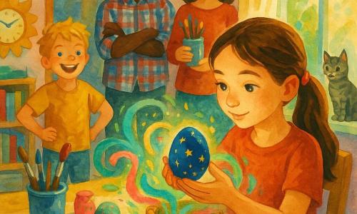 Mia, a focused and amazed 10-year-old girl with a soft face, bright eyes and a brown ponytail, gently places a midnight-blue egg painted with tiny golden stars into a small woven basket on her light-wood desk while liquid, watercolor-like swirls of pink, blue, green and gold spread around it like quiet magic; Leo, a cheerful about-6-year-old boy with tousled blond hair, stands by the door smiling with hands on his hips; their father, 35–40, leans in the doorway amused with arms crossed in a plaid shirt; their mother, 30–35, stands slightly back smiling and holding a jar of colorful brushes; the small tabby cat Pepper perches on the windowsill, ears up and curious; the sunlit room has a right-hand window with a light curtain, gouache pots, brushes, colored eggs and papers on the desk, shelves with books and a large sunflower clock in the background, creating a warm spring atmosphere with visible gouache stains and a textured paper feel.