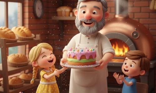 A smiling warm baker with a short gray beard, a flour-stained white apron, laughing eyes and rosy cheeks holds a large colorful cake on a shiny tray, looking at it proudly and tenderly with arms slightly raised; a little girl (about 6) with blonde pigtails in a yellow polka-dot dress stands close, sprinkling multicolored glitter on the cake while laughing; a little boy (about 7) with short brown hair in a blue T-shirt stands on a chair beside them, clapping and pointing at the cake with an excited face; the small cozy bakery has warm brick walls, a large window displaying golden breads, a flour-dusted wooden table and a smoking copper oven at the back, and the scene captures the cake presentation just out of the oven with soft light, floating flour particles, vivid icing and sprinkles, and a joyful, warm atmosphere.
