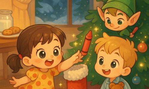Four-year-old Maya, joyful and amazed with brown pigtails and a polka-dot dress, reaches into a large Christmas stocking to pull out a red crayon while four-year-old Ben, smiling in striped pajamas with a small teddy, kneels beside her watching; a mischievous chibi elf in a green pointed hat with a red pompom hides behind a pine branch holding the crayon behind his back; warm living room with a decorated tree, yellow lights, snow outside and a table with cookies, festive scene with twinkling lights and a glittery trail leading from the stocking to the elf.