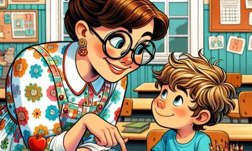 Miss Lily, a woman in her thirties with a bun of brown hair and round glasses, smiles warmly as she leans towards a little boy, Timmy, sitting at his desk. She wears a colorful blouse adorned with patterns of pencils and books, and her eyes sparkle with enthusiasm as she shows him colorful blocks to help with his math problems. Timmy, an 8-year-old boy with tousled blond hair and a blue t-shirt, looks at the blocks with admiration, his brow furrowed in concentration as he tries to understand the numbers. He sits on a wooden chair, surrounded by scattered books and pencils on his desk. The scene takes place in a bright classroom, with walls decorated with children's drawings, educational posters, and windows letting in sunlight. Wooden tables are arranged in a semicircle, and a blackboard is filled with numbers and colorful diagrams. The main situation shows Miss Lily helping Timmy solve math problems using colorful blocks, illustrating the magic of learning and the connection between teacher and student.