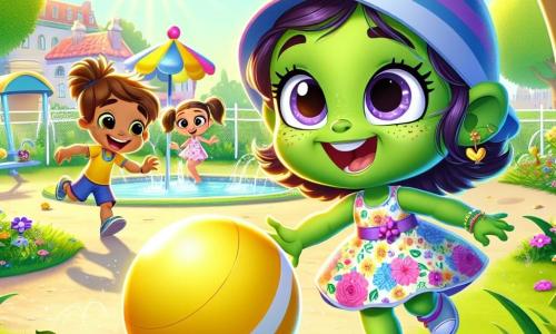 Zuri, una niña pequeña con piel verde y orejas largas, sonríe alegremente mientras juega con una gran pelota amarilla en un parque soleado. Lleva un bonito vestido de flores y una gorra azul, sus ojos brillan de emoción. A su lado, Mateo, un niño de cabello castaño y pecas, ríe mientras intenta atrapar la pelota, sus mejillas están rojas de placer. Lila, una niña con coletas y un vestido rosa, canta mientras se divierte, sus ojos destilan felicidad. El parque es amplio, con árboles de hojas verdes que bailan al viento, un césped bien cuidado y flores coloridas que añaden magia al lugar. Al fondo, una pequeña piscina y juegos de agua brillan bajo el sol. La escena principal muestra a Zuri y sus amigos jugando juntos, riendo y compartiendo momentos de alegría mientras se pasan la pelota en un ambiente veraniego radiante.
