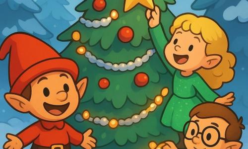 Um pequeno duende chamado Lúcio, com um chapéu vermelho brilhante e um largo sorriso, está alegremente diante de um grande e majestoso pinheiro de Natal. Seus olhos brilham de felicidade enquanto admira as decorações. Ao lado dele, a duende Clara, com um vestido verde cintilante e cabelos loiros cacheados, coloca uma estrela dourada em um galho. Ela sorri com entusiasmo. Do outro lado, o duende Tico, usando um cachecol azul e óculos redondos, ajusta uma guirlanda luminosa com uma expressão concentrada. Eles estão todos ao redor da base da árvore. A cena acontece em uma floresta nevada, onde a neve branca brilha sob as luzes coloridas da árvore. A árvore está decorada com bolas vermelhas, sinos prateados e guirlandas douradas, criando uma atmosfera festiva e acolhedora.