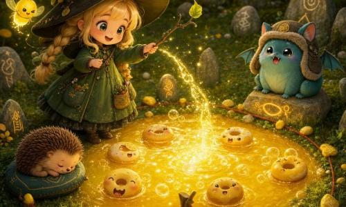O vrăjitoare-aprentă de 8 ani, față rotundă, ochi sclipitori, păr blond împletit, poartă o pălărie veche prea mare și o rochie verde cu buzunare; zâmbește concentrată în timp ce agită o baghetă-subțire cu o frunză la capăt pentru a transforma o băltoacă mică într-un lac de limonadă aurie. Un gândac luminos numit Licăr, mic insectă aurie ca o licurici, cu expresie ștrengărească, plutește lângă umărul ei drept și clipește cu antenele. O broască-liliac transformată în pisică-pălărie, rotundă și pufoasă, albastru-verzuie cu urechi de șapcă, mieună ușor așezată pe o piatră pictată lângă băltoacă. Un arici mic, maro și spin, drăguț, doarme ghemuit pe o pernă runică din apropiere, zâmbind liniștit. Locul: o poiană cu rune, sol acoperit de mușchi verde, pietre runice strălucitoare cu motive gravate, pietricele galbene ca marcaje, o sfoară roșie în semicerc în jurul băltoacei și un clopoțel mic atârnat de o rămurică. Situația principală: transformare magică și vesela — fata creează un lac de limonadă care strălucește ca aurul, mini-gogoși plutesc la suprafață și râd făcând bule mici, iar toate personajele sunt calme și în siguranță datorită marcajelor roșii și clopoțelului gata de a fi agitat.